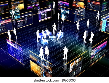 On-line Community Concept Or E-commerce Illustrated With People Doing Activity And Business In Virtual Futuristic World.