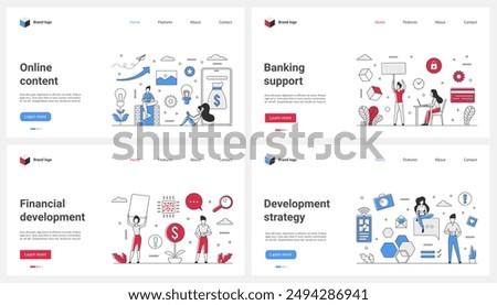 Online content, mobile banking application support and update, financial development strategy and payment set illustration. Cartoon tiny people work in customer service for bank account
