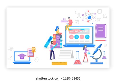 Online courses people learning subjects in internet raster. Students with certificate, busy reading and reviewing material for exams. Microscope and book. Website webpage template landing page in flat - Powered by Shutterstock