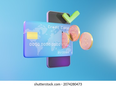 Online Credit Card Payment Concept. Secure Online Payment, Payment And Mobile Banking Concept, Protection Money Transfer, 3D Illustration