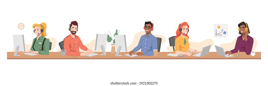 Online customer service, support center workers sitting at table with computers. professional consultants communicating with clients in headset at helpdesks. Operators, assistant at helpline - Powered by Shutterstock