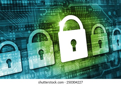 Online Data Security Concept Illustration with Padlock Icons, Cyber Background and Circuit Board Elements. Internet Security Technologies.