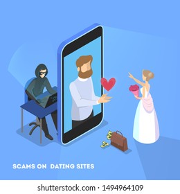 Online Dating App Concept. Virtual Relationship And Love. Couple Communication Through Network On The Smartphone. Perfect Match. Hacker On Website, Personal Data In Danger. Flat Illustration