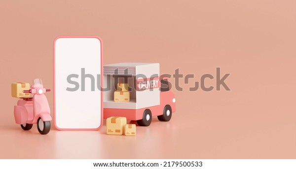 Online delivery concept. Truck delivery\
service and transportation. 3d rendering illustration. Cartoon\
orange car and big phone with blank white\
screen