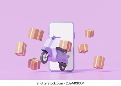 Online delivery motorcycle scooter parcels box floating concept  Model road home   office shipping  service express trunking purple background  copy space for text  banner  3D render
