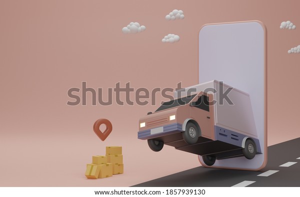 Online delivery service concept, Delivery to\
home. Delivery van from the phone screen with brown box package and\
pin. 3D\
rendering.