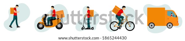 Online delivery service concept. Home delivery.\
Scooter, truck, bike and scooter. Delivery of mail, products and\
goods by\
couriers.