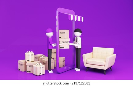 Online Delivery Service Concept, Online Order Tracking, Delivery Home. Via Mobile Phone Shop To Living Room And Sofa Delivery Man In Respiratory Mask Delivery To Customers In Purple Tone. 3d Rendering