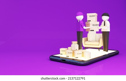 Online Delivery Service Concept, Online Order Tracking, Delivery Home. On Mobile Phone Screen To Living Room At Sofa Delivery Man In Respiratory Mask Delivery To Customers In Purple Tone. 3d Rendering