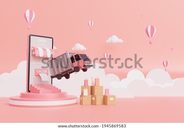Online delivery service smartphone\
application technology,online shopping concept from mobile,paper\
cut,art cartoon style,order tracking on mobile,sky and cloud\
background,3d rendering\
illustration