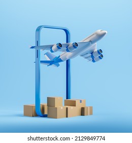 Online Delivery Service And Smartphone, Global Logistic. Airplane And Parcel Box, Phone Screen. Concept Of Air Delivery. 3D Rendering