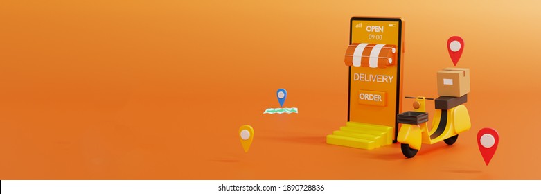 Online Delivery Services Concept,Shopping Online On Mobile Application,transportation Deliver By Scooter Or Motorcycle Service,E-commerce Concept,smartphone Mockup Isolated Orange Background,3d Render