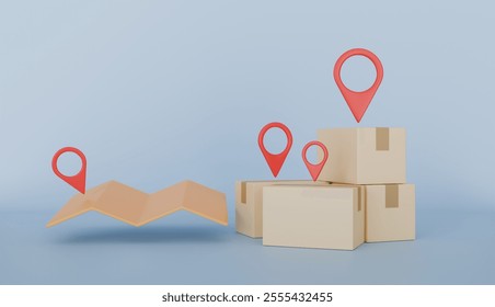 Online delivery shipping track, Cardboard box parcel box transporting with pin map location