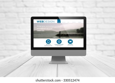 online design concept: computer digital generated with web design on the screen. All screen graphics are made up.
