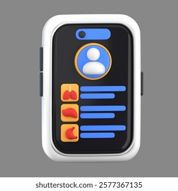 Online Diagnostic 3D Render, interface on a smartwatch, displaying medical data like lung, liver, and kidney health, symbolizing remote health monitoring and telemedicine