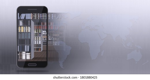 Online Digital Library Concept. Library Inside The Smartphone. Raster Illustration With Place For Text. 3d Rendering