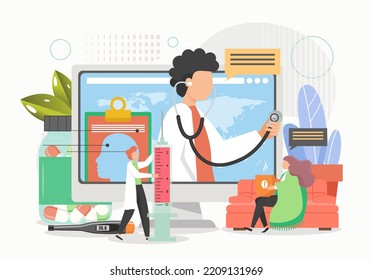 Online Doctor Consultation, Flat Illustration. Male And Female Characters Patient And Medical Professionals. Virtual Doctor Visit, Telemedicine, Online Diagnosis And Treatment.