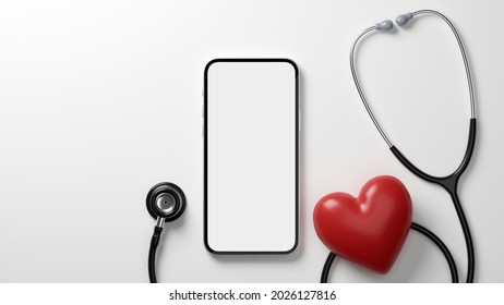 Online Doctor Website, Healthcare Check Up Application, Smartphone Blank Screen Mockup, Stethoscope, Red Heart, White Background, 3d Rendering, 3d Illustration