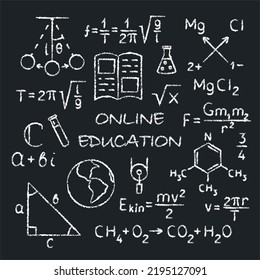 Online Education Banner On Blackboard. Chalk Written Formulas. Learning And Science.