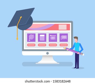 Online Education, Completion Of University Degree Raster. Person Holding Pencil Standing By Monitor With Info Files And Assignments, Graduation Hat