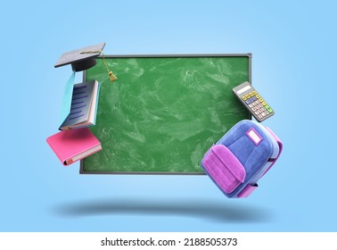 online education concept Blue backpack with school supplies and school board 3d render on dlue gradient - Powered by Shutterstock