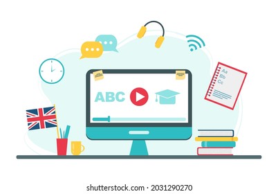 Online Education Concept. English School Subject Online Education Service Or Platform. Illustration In Flat Style