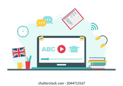 Online Education Concept. English School Subject Online Education Service Or Platform. Illustration In Flat Style