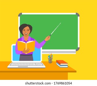 Online Education Concept. Home Education During Quarantine. Distance Learning By Computer. Black Woman Teacher In Virtual Class Holds Open Book And Points To A Blackboard. Cartoon Illustration