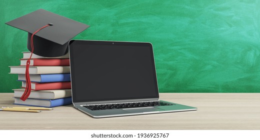 Online Education Concept With Stack Of Books, Graduate Cap And Empty Black Laptop Screen On Wooden Table At Green Chalk Board Background. 3D Rendering, Mockup