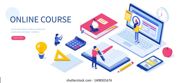 Online Education Concept With Text Place. Can Use For Web Banner, Infographics, Hero Images. Flat Isometric Illustration Isolated On White Background.