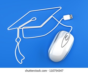 Online Education, Or Online Degree Concept. White Mouse With Cord In The Shape Of A Graduation Cap On A Blue Background.