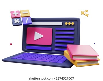 Online education, E-learning concept design graduate cap, school bags, notebooks, stationery. Education idea for website banner, presentation, poster and advertising. 3d rendering