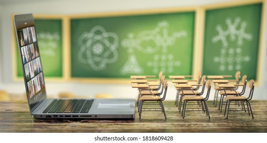 Online education and e-learning concept. Home quarantine distance learning. Laptop and school desks on blackdesk in classroom background. 3d illustration - Powered by Shutterstock