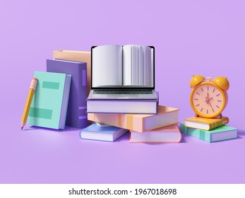 Online Education Or E-learning Concept, Open Books On Purple Background, Online Tutorials Course. 3d Render Illustration