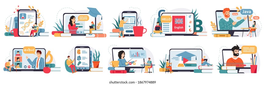 Online education. Internet classes, webinar or digital classroom, homeschooling on laptop screen. E-learning concept  illustration set. Students having different subjects at home