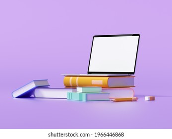 Online Education On Laptop Concept, E-learning At Home Prevent Covid 19. Laptop Computer And Books On Purple Background. 3d Render Illustration