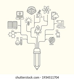 Online education seamless pattern with linear icons. E-learning, online course, webinar, e-book, video conference, home studying. Modern line style illustration. Stay home background.