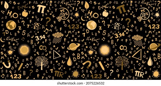 Online Education Seamless Web Banner. Distance Learning Doodles On Black Background. Presentation, Website. Education And Science Concept. Flat Design Scientific Icons.  Illustration.