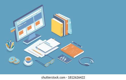 Online education, training, courses, e-learning, distance learning, exam preparation, home schooling. Web banner background. Workplace with monitor, books, notepad. Raster version