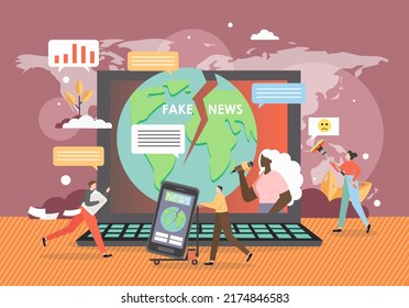 Online Fake News Concept Flat Illustration. Tiny People And Huge Laptop Computer With Cracked Planet Earth Globe, Journalist With Mic On Screen. Online News Media, Disinformation, Propaganda.