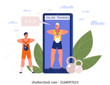 Online fitness training, mobile app with workouts and sport exercises. Personal online training on smartphone screen  illustration. Mobile personal trainer service, character lifting weight - Powered by Shutterstock