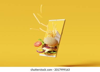 Online food delivery. Hamburgers and french fries fly on smartphone on yellow background. 3d rendering  - Powered by Shutterstock