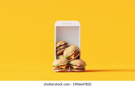 Online food delivery. Hamburgers on smartphone on yellow background. 3d rendering  - Powered by Shutterstock