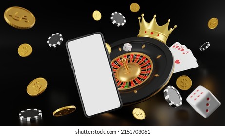 Online Gambling Black Background Mobile Phone Blank Screen Scattered Golden Coins There Is A Roulette On The Back. There Are White Dice,  Are Cards, There Are Crowns, There Are Chips 3d Rendering