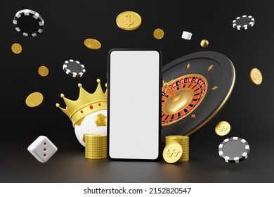 Online Gambling Black Background Mobile Blank Screen Gold Coins Scattered Soccer Ball Roulette In The Background With White Dice, Cards, Crowns,  Chips,3D Render.