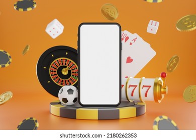 Online Gambling Casino Orange Background Mobile Blank Screen Gold Coin Roulette Soccer Ball Scattered In The Background With White Dice, Cards, Chips, 3d Rendering.