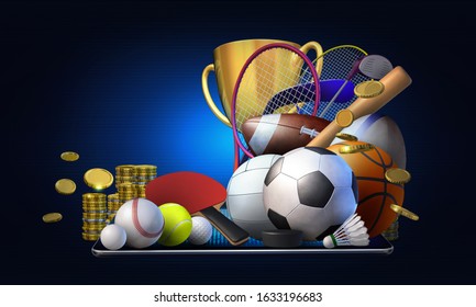 Online Gambling Concept Image Suggesting The Idea Of Betting On All Major Sports Using Apps On Mobile Devices. 3D Rendered Illustration On A Dark Blue Background With Copy Space