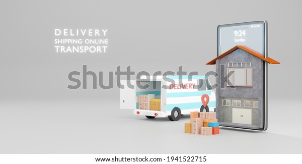 Online global logistic truck van delivery on\
phone.3d\
rendering