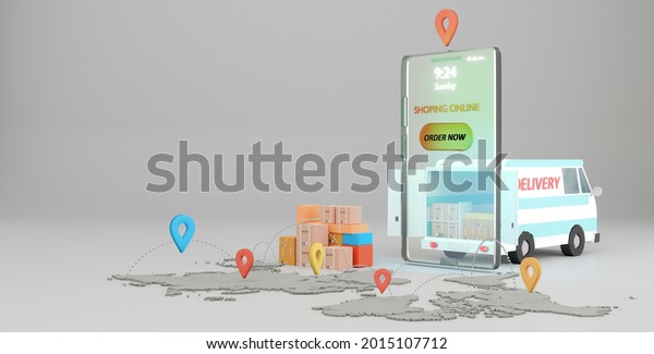 Online global logistic truck van delivery on\
phone.3D\
rendering