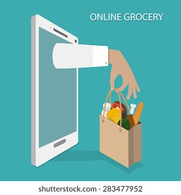 Online Grocery Ordering, Delivery Concept Flat Isometric Illustration Of Hand With Bag Of Foods Appeared From Smartphone Or Tablet.